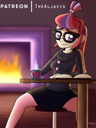 Size: 750x1000 | Tagged: safe, artist:thealjavis, moondancer, equestria girls, adorkable, book, clothes, cute, dancerbetes, dork, equestria girls-ified, fireplace, glasses, skirt, socks, solo, stockings, sweater, thigh highs, turtleneck