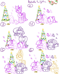 Size: 1280x1611 | Tagged: safe, artist:adorkabletwilightandfriends, moondancer, spike, starlight glimmer, twilight sparkle, twilight sparkle (alicorn), alicorn, dragon, pony, unicorn, comic:adorkable twilight and friends, adorkable twilight, chest fluff, christmas, christmas stocking, christmas tree, comic, cookie, cute, eyes closed, female, food, hearth's warming, hearth's warming eve, hearth's warming tree, heartwarming, holiday, lidded eyes, lineart, looking down, male, mama twilight, mare, pony pile, prone, shipping, simple background, sleeping, slice of life, smiling, sparlight, straight, tree, white background, z, zzz