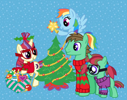 Size: 1186x929 | Tagged: safe, moondancer, rainbow dash, oc, oc:ian, oc:straight a's, pegasus, pony, unicorn, canon x oc, christmas, christmas tree, clothes, decorating, decoration, female, filly, glasses, holiday, male, offspring, ornaments, parent:moondancer, parent:oc:ian, parents:canon x oc, shipping, stars, straight, sweater, tree