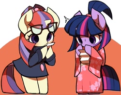 Size: 1457x1147 | Tagged: safe, artist:ccc, moondancer, twilight sparkle, pony, semi-anthro, unicorn, bipedal, blushing, clothes, cute, dress, female, glasses, hoof hold, kimono (clothing), mare, reading, surprised, sweat, sweatdrop, sweater