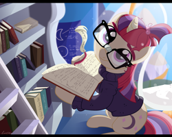 Size: 3000x2400 | Tagged: safe, artist:lunarcakez, moondancer, pony, unicorn, amending fences, adorkable, book, bookmark, bookshelf, clothes, cute, dancerbetes, dork, female, glasses, high res, implied sunset shimmer, looking at you, mare, smiling, solo, sweater, twilight's canterlot home
