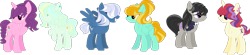 Size: 1600x349 | Tagged: safe, artist:manetail, lightning dust, moondancer, night glider, octavia melody, sugar belle, vapor trail, earth pony, pegasus, pony, unicorn, alternate hairstyle, base used, female, hair over eyes, missing accessory, simple background, transparent background