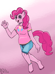 Size: 1600x2133 | Tagged: safe, artist:mcsplosion, pinkie pie, anthro, unguligrade anthro, anklet, bracelet, chubby, clothes, daisy dukes, digital art, gradient background, jewelry, shirt, shorts, solo, t-shirt