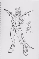 Size: 2144x3233 | Tagged: safe, artist:secretbetweenthewar, oc, oc only, oc:balloon dancer, anthro, changeling, unguligrade anthro, belly, belly button, breasts, chubby, chunkling, female, monochrome, smiling, solo, traditional art