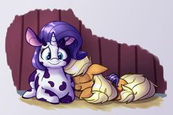 Size: 1280x853 | Tagged: safe, artist:bellspurgebells, applejack, rarity, cow, chubby, cuddling, cute, jackabetes, raribetes, raricow, sleeping, snuggling, species swap