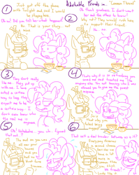 Size: 4779x6013 | Tagged: safe, artist:adorkabletwilightandfriends, moondancer, pinkie pie, twilight sparkle, earth pony, pony, comic:adorkable twilight and friends, absurd resolution, adorkable, adorkable friends, adorkable twilight, caught in a lie, comic, common, common thread, cute, dork, emotion, feelings, food, friends, friendship, glasses, lie, lineart, lying, nervous, nervous grin, slice of life, smiling, soup