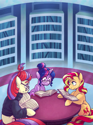 Size: 2000x2668 | Tagged: safe, artist:overlordneon, moondancer, sunset shimmer, twilight sparkle, unicorn twilight, pony, unicorn, accessory swap, alternate cutie mark, alternate hairstyle, alternate universe, book, bookshelf, clothes, commission, fanfic, fanfic art, female, glasses, hair bun, library, mare, reading, sitting, sweater, table, trio