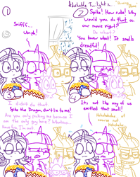 Size: 4779x6013 | Tagged: safe, artist:adorkabletwilightandfriends, moondancer, spike, starlight glimmer, twilight sparkle, dragon, pony, comic:adorkable twilight and friends, absurd resolution, adorkable, adorkable twilight, comic, cute, dork, drink, evil grin, fart joke, food, grin, humor, implied farting, lineart, movie night, popcorn, slice of life, smiling, snacks