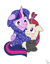 Size: 941x1200 | Tagged: safe, artist:chautung, moondancer, twilight sparkle, twilight sparkle (alicorn), alicorn, clothes, crying, floppy ears, hug, onesie, pajamas, sitting, smiling