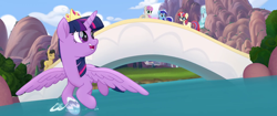 Size: 1920x804 | Tagged: safe, screencap, golden delicious, minuette, moondancer, twilight sparkle, twilight sparkle (alicorn), twinkleshine, alicorn, earth pony, pony, unicorn, my little pony: the movie, apple family member, background pony, bridge, crown, discovery family logo, female, flying, jewelry, male, mare, regalia, river, splash, stallion, water, waterfall, we got this together