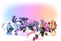 Size: 1280x866 | Tagged: safe, artist:quizia, moondancer, starlight glimmer, sunset shimmer, trixie, twilight sparkle, pony, unicorn, equestria girls, mirror magic, spoiler:eqg specials, beanie, boots, clothes, counterparts, cute, dancerbetes, diatrixes, dress, equestria girls outfit, glasses, glimmerbetes, hat, horn, jacket, leather jacket, magical quintet, shimmerbetes, shoes, shorts, skirt, skirt lift, socks, sweater, torn clothes, twiabetes, twilight's counterparts