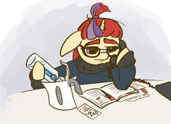 Size: 3436x2487 | Tagged: artist needed, safe, moondancer, pony, unicorn, alcohol, book, clothes, drawthread, electric water kettle, female, hoof hold, mare, phone, request, solo, sweater, turtleneck, vodka