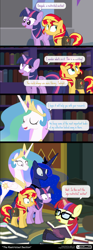 Size: 800x2160 | Tagged: safe, artist:dm29, moondancer, princess celestia, princess luna, sunset shimmer, twilight sparkle, twilight sparkle (alicorn), alicorn, pony, unicorn, better together, equestria girls, forgotten friendship, book, bookshelf, canterlot library, comic, library, saddle bag