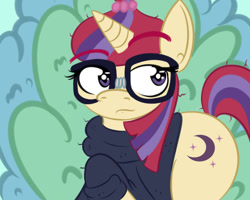Size: 999x799 | Tagged: safe, artist:flavouruannabelle, moondancer, pony, unicorn, clothes, female, glasses, mare, multicolored mane, solo, sweater, yellow coat