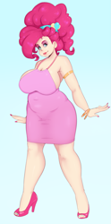 Size: 937x1888 | Tagged: safe, artist:sundown, pinkie pie, human, big breasts, breasts, chubby, clothes, dress, female, high heels, humanized, lipstick, pinkie pies, plump, simple background, solo