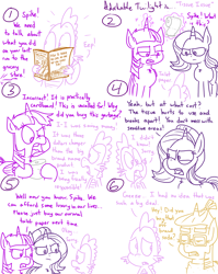 Size: 1280x1611 | Tagged: safe, artist:adorkabletwilightandfriends, moondancer, spike, starlight glimmer, twilight sparkle, twilight sparkle (alicorn), alicorn, dragon, pony, unicorn, comic:adorkable twilight and friends, adorkable twilight, angry, comic, humor, issue, lineart, magazine, slice of life, soda, tissue, toilet paper, toilet paper roll, upset