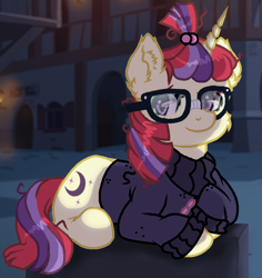 Size: 696x736 | Tagged: dead source, safe, artist:victoriathething, moondancer, pony, unicorn, clothes, cute, female, glasses, prone, smiling, solo, sweater