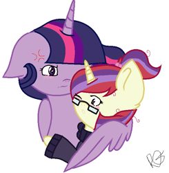 Size: 625x637 | Tagged: safe, artist:lcgyzma1, moondancer, twilight sparkle, twilight sparkle (alicorn), alicorn, cross-popping veins, female, glasses, hug, lesbian, possessive, shipping, simple background, twidancer, white background, winghug