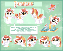 Size: 3310x2693 | Tagged: safe, artist:centchi, oc, oc only, oc:pebbles, earth pony, pony, chubby, clothes, cute, female, filly, kimono (clothing), koi, koi pony, ocbetes, puffy cheeks, reference sheet, solo