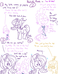 Size: 1280x1611 | Tagged: safe, artist:adorkabletwilightandfriends, lily, lily valley, moondancer, spike, starlight glimmer, dragon, pony, unicorn, comic:adorkable twilight and friends, adorkable friends, comic, grammar error, jealous, lineart, necktie, slice of life, sweat, sweatdrop