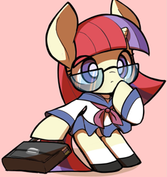 Size: 943x1004 | Tagged: safe, artist:ccc, moondancer, pony, unicorn, briefcase, clothes, cute, dancerbetes, female, glasses, looking at you, mare, pink background, school uniform, simple background, skirt, solo