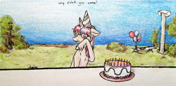 Size: 1280x628 | Tagged: safe, artist:azkre, moondancer, pony, unicorn, amending fences, balloon, birthday, cake, crying, food, hat, party hat, sad, solo, traditional art