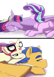 Size: 3507x4960 | Tagged: safe, artist:marukouhai, flash sentry, moondancer, starlight glimmer, twilight sparkle, twilight sparkle (alicorn), alicorn, pony, crying, high res, implied flashlight, implied shipping, implied straight, prone