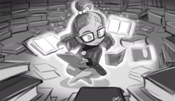 Size: 1920x1117 | Tagged: safe, artist:shonuff44, moondancer, human, book, clothes, cute, glasses, horned humanization, humanized, magic, monochrome, sweater