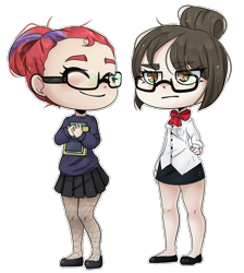 Size: 1314x1469 | Tagged: safe, artist:alexa1alexa, moondancer, raven, human, book, bowtie, chibi, clothes, commission, cute, duo, fishnet stockings, giant head, glasses, hair bun, humanized, legs, librarian, office, pantyhose, pleated skirt, shoes, simple background, skirt, sweater, transparent background, working