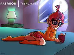 Size: 1000x750 | Tagged: safe, artist:thealjavis, moondancer, equestria girls, bed, book, clothes, cosplay, costume, cute, equestria girls-ified, glasses, pleated skirt, skirt, socks, solo, sweater, velma dinkley
