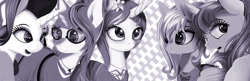 Size: 2048x660 | Tagged: safe, artist:styroponyworks, cloudchaser, dj pon-3, moondancer, rarity, starlight glimmer, vinyl scratch, pegasus, pony, unicorn, abstract background, clothes, female, horn, indexed colors, monochrome, wings