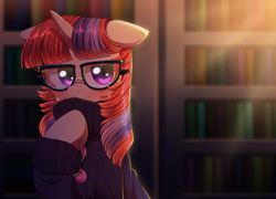 Size: 2000x1442 | Tagged: safe, artist:verawitch, moondancer, pony, unicorn, blushing, book, bookshelf, clothes, crying, cute, dancerbetes, female, floppy ears, glasses, looking at you, mare, raised hoof, redraw, solo, sweater