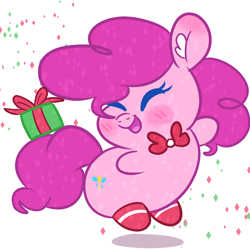 Size: 900x900 | Tagged: safe, artist:dailypinkiepie, pinkie pie, earth pony, pony, blushing, bowtie, chibi, christmas, chubby, chubby cheeks, clothes, cute, diapinkes, ear fluff, eyes closed, happy, jumping, present, simple background, smiling, socks, solo, white background