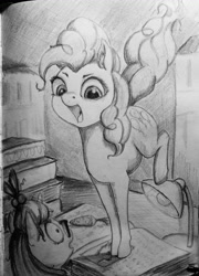 Size: 759x1053 | Tagged: safe, artist:ponsce, moondancer, pinkie pie, earth pony, pony, book, lmap, monochrome, surprised, traditional art