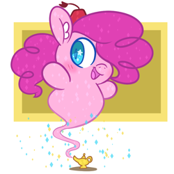 Size: 900x900 | Tagged: safe, artist:dailypinkiepie, pinkie pie, earth pony, genie pony, pony, blushing, chibi, chubby, chubby cheeks, cute, ear fluff, genie, geniefied, hair over one eye, magic lamp, solo, starry eyes, wingding eyes