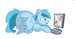 Size: 2549x1324 | Tagged: safe, artist:pridark, oc, oc only, oc:chloride cull, pegasus, pony, chubby, computer, cute, hacked, male, simple background, solo, stallion, technology, transparent background