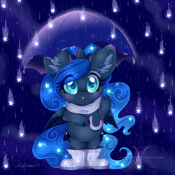 Size: 1024x1024 | Tagged: safe, artist:pvrii, princess luna, alicorn, pony, bipedal, boots, both cutie marks, chibi, chubby, chubby cheeks, clothes, colored pupils, crown, cute, ear fluff, jewelry, lunabetes, rain, regalia, scarf, solo, starry mane, stars, umbrella