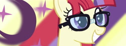 Size: 3828x1416 | Tagged: safe, moondancer, pony, unicorn, bust, detailed background, glasses, multicolored mane, smiling, solo