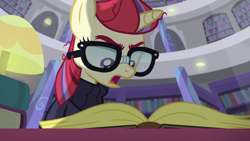 Size: 1280x720 | Tagged: safe, screencap, moondancer, pony, unicorn, amending fences, angry, book, clothes, desk, female, glasses, lamp, library, mare, sweater