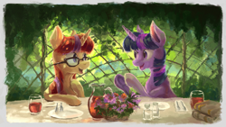 Size: 1751x985 | Tagged: safe, artist:plainoasis, moondancer, twilight sparkle, alicorn, pony, unicorn, book, female, garden, glasses, horn, mare, pitcher, scenery