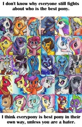 Size: 465x722 | Tagged: safe, artist:christadoodles, edit, editor:therandomone95, apple bloom, applejack, big macintosh, bon bon, cheese sandwich, derpy hooves, discord, dj pon-3, doctor whooves, fluttershy, king sombra, lyra heartstrings, moondancer, nightmare moon, octavia melody, pinkie pie, princess cadance, princess celestia, princess luna, queen chrysalis, rainbow dash, rarity, roseluck, scootaloo, shining armor, spike, sweetie belle, sweetie drops, trixie, twilight sparkle, twilight sparkle (alicorn), vinyl scratch, zecora, alicorn, changeling, changeling queen, draconequus, dragon, earth pony, pegasus, pony, unicorn, zebra, angry, apple, baby, baby dragon, best pony, cowboy hat, cutie mark, cutie mark crusaders, everypony is beautiful, female, filly, food, happy, hat, heart, looking at you, male, mane seven, mane six, mare, op has a point, smiling, stallion, truth, wall of tags