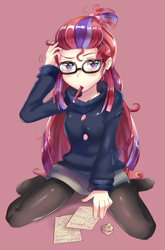 Size: 725x1100 | Tagged: safe, artist:tzc, moondancer, human, equestria girls, anime, clothes, equestria girls-ified, female, glasses, human coloration, humanized, looking at you, pantyhose, paper, pencil, simple background, solo, sweater