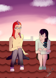 Size: 1800x2500 | Tagged: safe, artist:moondragon1204, coloratura, moondancer, human, alternate hairstyle, clothes, converse, duo, ear piercing, earring, fanfic, fanfic art, female, glasses, humanized, jeans, jewelry, mary janes, pants, piercing, rara, roof, rooftop, shoes, shorts, sweater