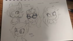 Size: 4160x2340 | Tagged: safe, artist:shpace, moondancer, wallflower blush, oc, oc:home sick, oc:paradise skies, earth pony, pegasus, pony, unicorn, :<, :t, bow, bust, clothes, equestria girls ponified, female, freckles, glasses, mare, messy mane, ponified, scrunchie, scrunchy face, sweater, traditional art, turtleneck