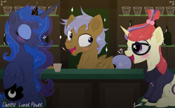 Size: 5250x3250 | Tagged: safe, artist:darkest-lunar-flower, moondancer, princess luna, oc, oc:perfect pour, alicorn, pegasus, pony, unicorn, bar, blushing, bottle, chest fluff, cute, eyes closed, female, glass, glasses, male, mare, open mouth, sitting, smiling, sparkles, stallion, z