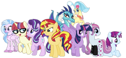 Size: 2048x949 | Tagged: safe, editor:php77, moondancer, mystery mint, princess ember, princess skystar, silverstream, starlight glimmer, sunset shimmer, twilight sparkle, twilight sparkle (alicorn), violet blurr, alicorn, classical hippogriff, dragon, hippogriff, pony, seapony (g4), unicorn, my little pony: the movie, dragoness, female, mare, prone, raised hoof, simple background, transparent background