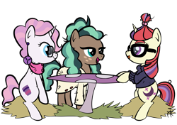 Size: 2893x2039 | Tagged: safe, artist:pony4koma, minty mocha, moondancer, raspberry latte, earth pony, pony, unicorn, the parent map, bathrobe, best friends, clothes, coffee, female, freckles, glasses, gravity falls, just friends, mabel pines, mare, ponyville, reference, robe, simple background, sire's hollow, sweater, table, transparent background