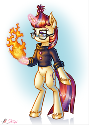 Size: 710x1000 | Tagged: safe, artist:skorpionletun, moondancer, pony, semi-anthro, unicorn, belly button, female, fire, glasses, simple background, solo