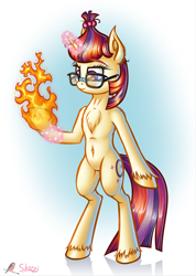 Size: 710x1000 | Tagged: safe, artist:skorpionletun, moondancer, pony, semi-anthro, unicorn, belly button, female, fire, glasses, simple background, solo