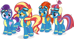 Size: 2988x1590 | Tagged: safe, artist:punzil504, part of a series, part of a set, moondancer, starlight glimmer, sunburst, sunset shimmer, pegasus, pony, alternate universe, clothes, female, goggles, male, mare, pegasus moondancer, pegasus sunburst, pegasus sunset shimmer, race swap, raised hoof, simple background, stallion, transparent background, uniform, wonderbolts uniform